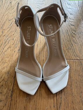 Stuart Weitzman White Ankle-Strap Square-Toe Sandals